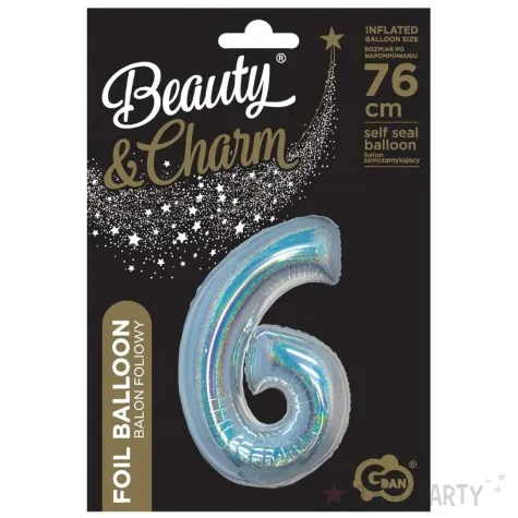 balon foliowy beauty and charm cyfra 6 srebrny holograficzny godan 30 dgt