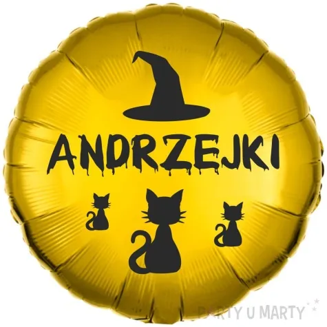 balon foliowy blyszczace andrzejki kot i kapelusz zloto czarny 18 rnd