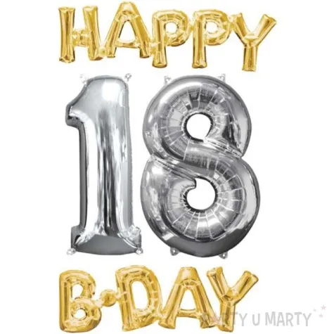 balon foliowy cyfra 1 8 happy bday 18 urodziny 26 amscan srebrny zloty