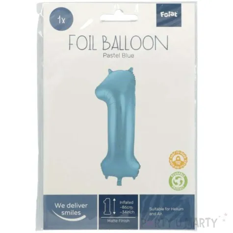 balon foliowy cyfra 1 metaliczny mat niebieski pastelowy folat 34 dgt