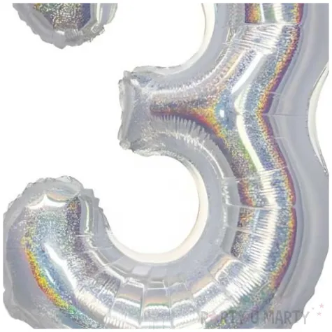 balon foliowy cyfra 3 stojaca srebrny holograficzny godan 28 dgt