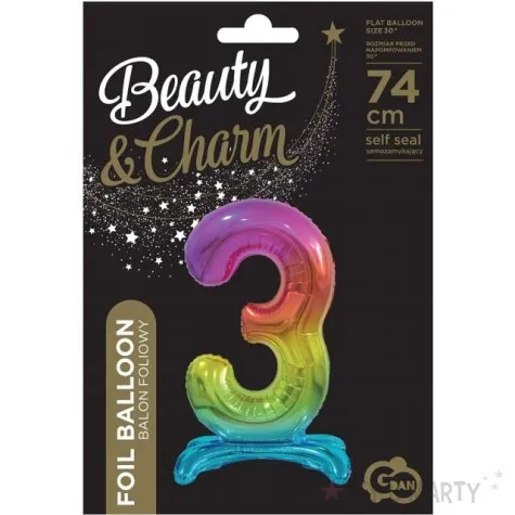 balon foliowy cyfra 3 stojaca teczowy godan 29 dgt