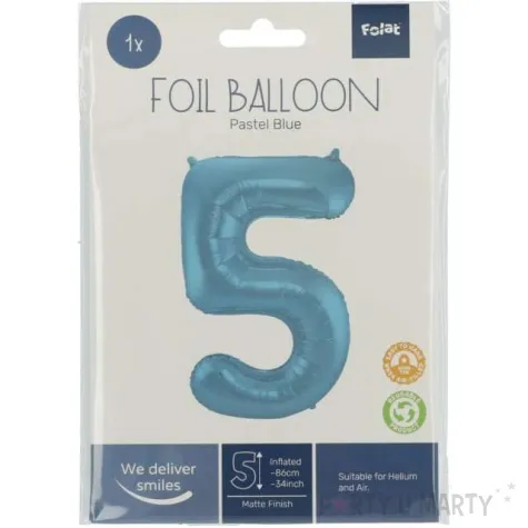 balon foliowy cyfra 5 metaliczny mat niebieski pastelowy folat 34 dgt
