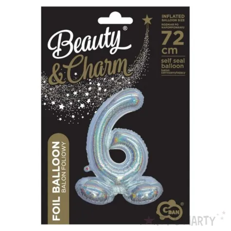 balon foliowy cyfra 6 stojaca srebrny holograficzny godan 28 dgt