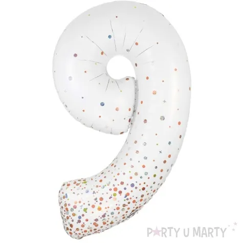 balon foliowy cyfra 9 holograficzne grochy bialy oaktree 34 dgt