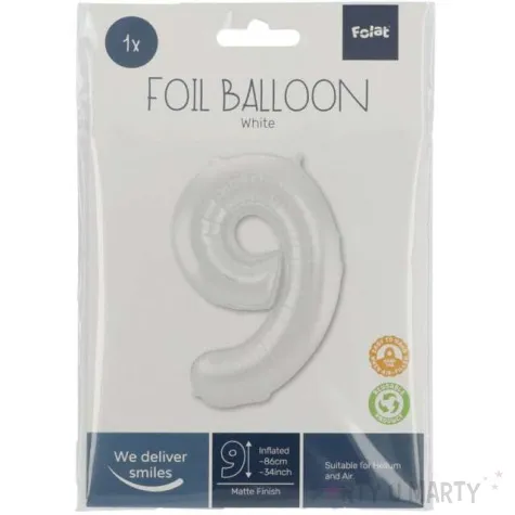 balon foliowy cyfra 9 metaliczny mat bialy folat 34 dgt