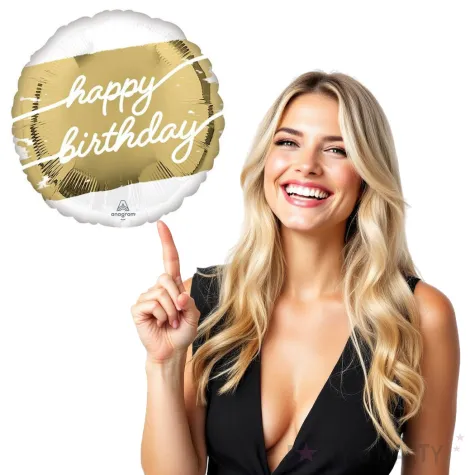 balon foliowy happy birthday glamour dekoracja na urodziny bialo zloty 18 rnd