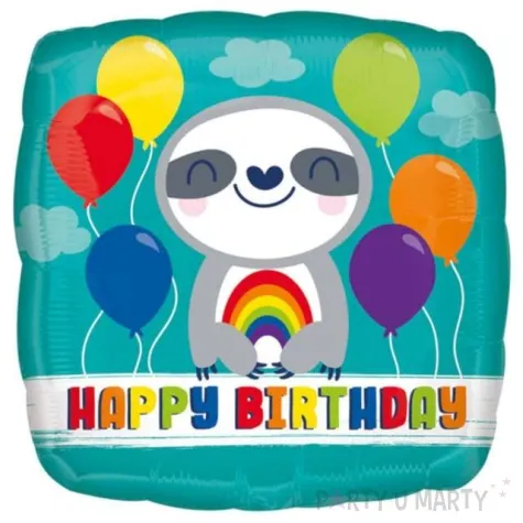 balon foliowy happy birthday leniwiec z tecza turkusowy amscan 18 sqr