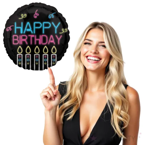 balon foliowy happy birthday neonowy czarny amscan 18 rnd