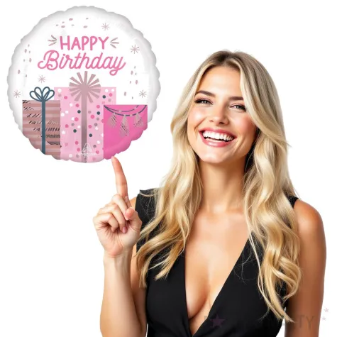 balon foliowy happy birthday prezenty dekoracja na urodziny bialo rozowy 18 rnd