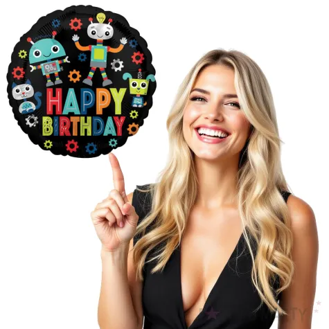 balon foliowy happy birthday roboty dekoracja na urodziny czarny 18 rnd