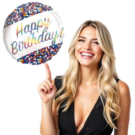 balon foliowy happy birthday teczowe konfetti dekoracja na urodziny bialy 18 rnd