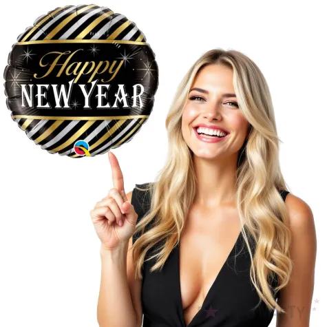 balon foliowy happy new year paski qualatex 18 rnd