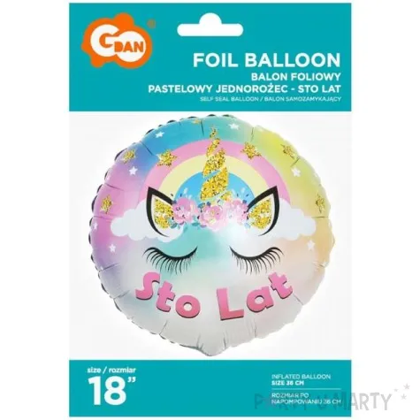 balon foliowy jednorozec pastelowy sto lat godan 18 rnd