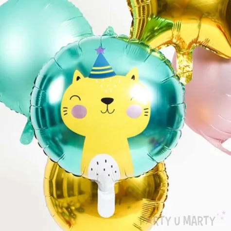 balon foliowy kot w czapeczce urodzinowej turkusowy folat 18 rnd