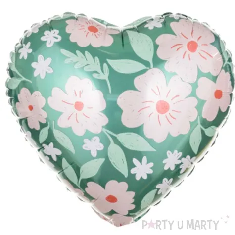 balon foliowy serce kwiaty i liscie zielony rozowy partydeco 18 hrt