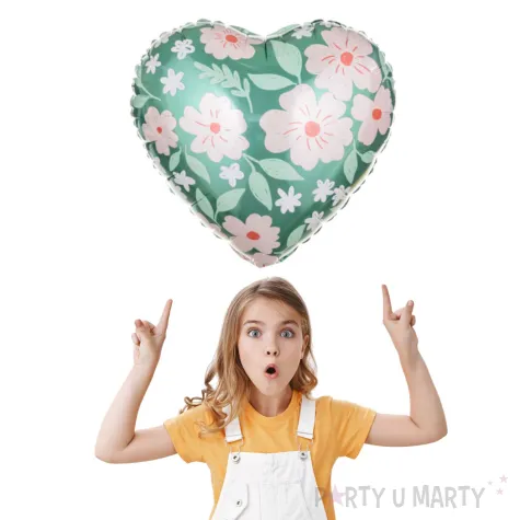 balon foliowy serce kwiaty i liscie zielony rozowy partydeco 18 hrt