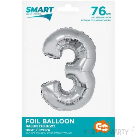 balon foliowy smart cyfra 3 srebrny godan 30 dgt