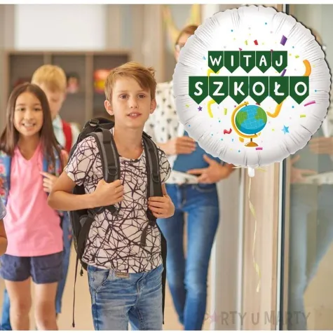 balon foliowy witaj szkolo flagi bialy 18 rnd