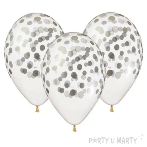 balony 13 konfetti srebrne transparentne 5 szt