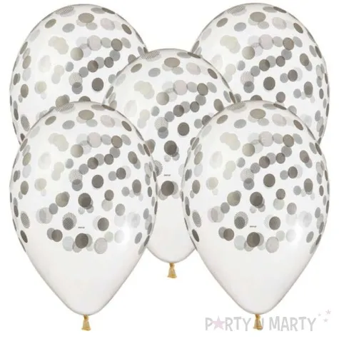 balony 13 konfetti srebrne transparentne 5 szt