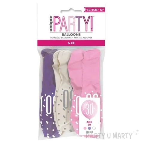 balony 30 urodziny glitz grochy pastel mix unique 12 6 szt