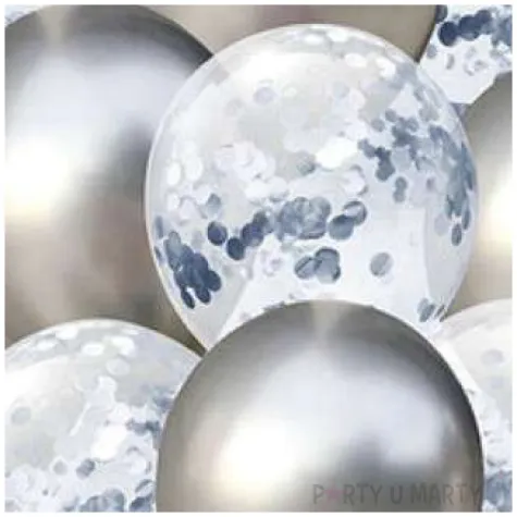 balony chrom mix z konfetti srebrne partypal zestaw