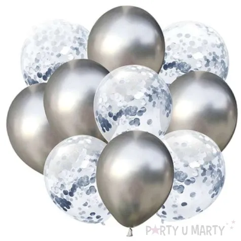 balony chrom mix z konfetti srebrne partypal zestaw