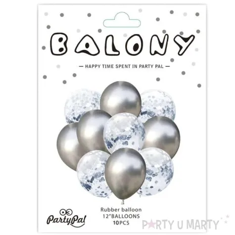 balony chrom mix z konfetti srebrne partypal zestaw