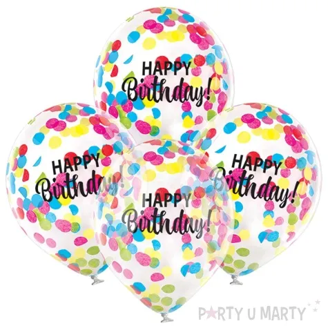 balony d11 happy birthday z konfetti transparentny belbal 12 4 szt