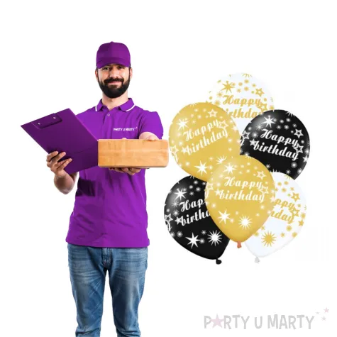 balony happy birthday bialo zloto czarne partypal 12 6 szt