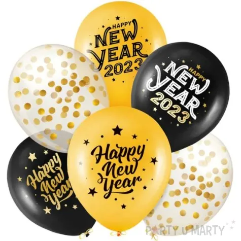 balony happy new year 2023 konfetti czarno zlote partypal 12 6 szt