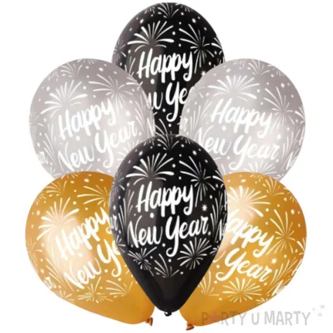 balony happy new year gemar gold silver black 12 6 szt