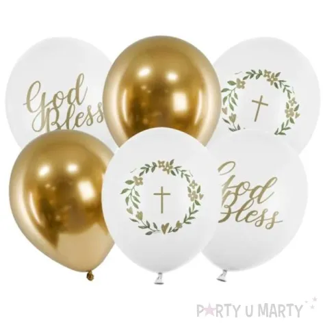 balony komunia swieta god bless zloty krzyz bialo zlote partydeco 12 6 szt