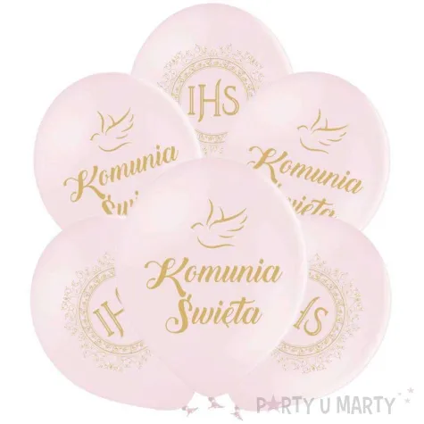balony komunia swieta golabek i ihs w ornamencie rozowy jasny 12 6 szt