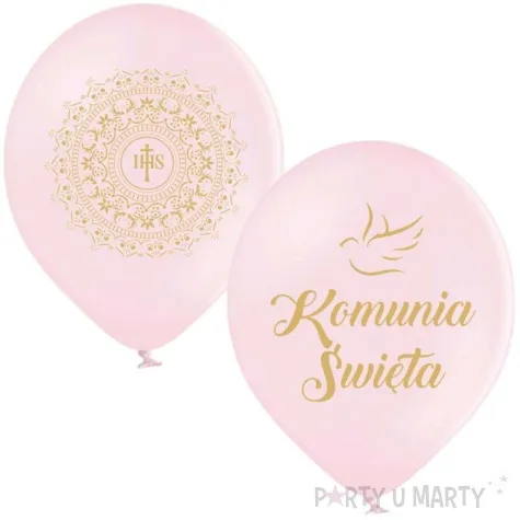 balony komunia swieta golabek i ihs w ornamencie rozowy jasny 12 6 szt