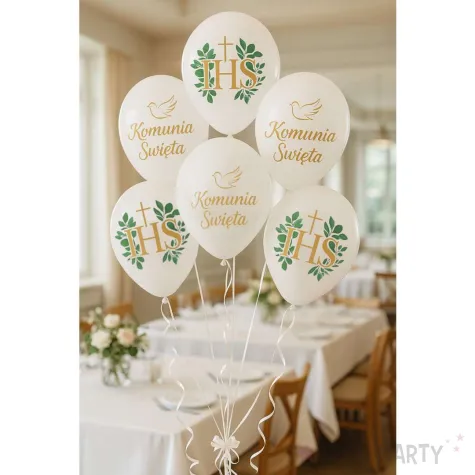 balony komunia swieta golabek i ihs z eukaliptusem bialy 12 6 szt