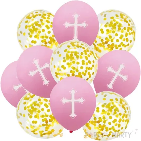 balony komunia swieta krzyze i konfetti rozowy jix 12 10 szt
