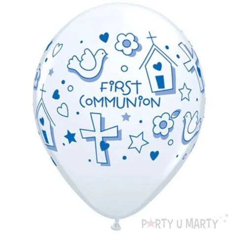 balony komunia symbole bialo niebieskie pastel qualatex 11 25 szt
