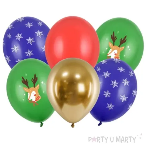balony renifery i platki sniegu mix partydeco 12 6 szt