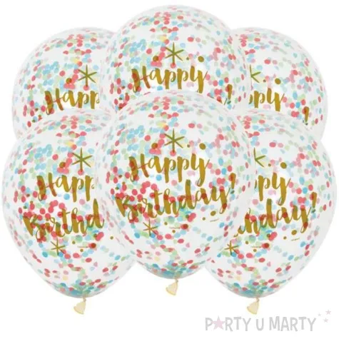 balony z konfetti happy birthday mix unique 12 6 szt