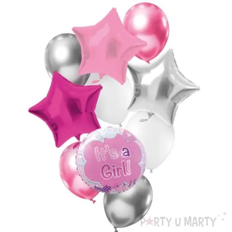 balony zestaw imprezowy its a girl bialo srebrno rozowy folat 10 szt