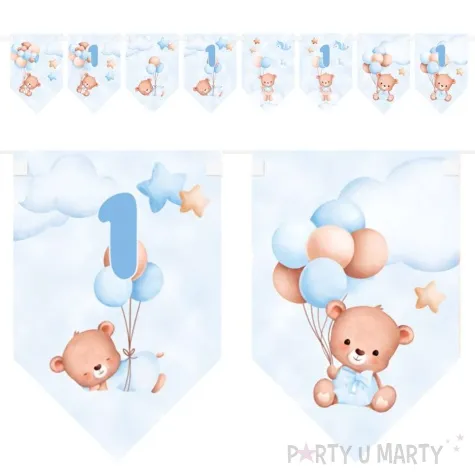 baner flagi misie z balonikami na roczek blekitny congee 500 cm