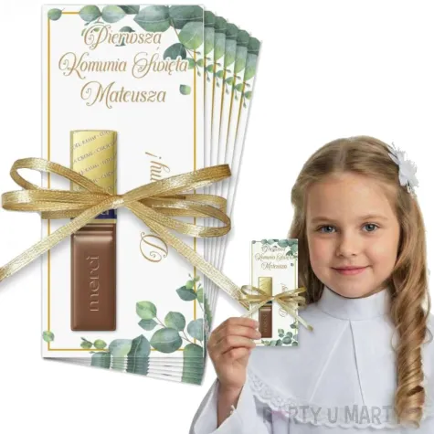 bileciki merci personalizowane podziekowania dla gosci komunia swieta eukaliptus z hostia x6