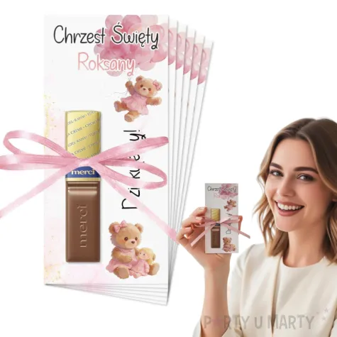 bileciki merci personalizowane podziekowania dla gosci na chrzest swiety dziewczynki rozowy mis
