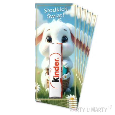 bileciki na czekoladki kinder bialy krolik z koszykiem prezent na wielkanoc upominek na zajaca