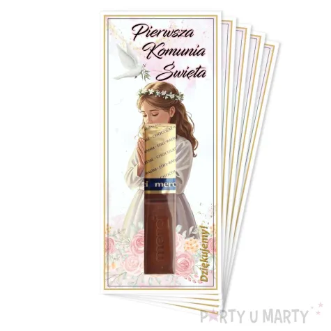 bileciki na czekoladki merci dziewczynka w albie podziekowania upominek dla gosci 5 szt