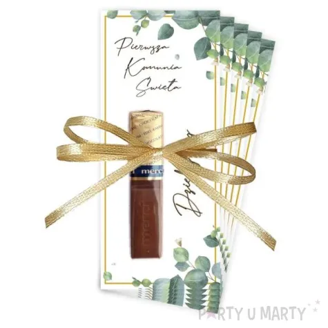 bileciki podziekowanie merci ihs komunia eukaliptus gold ze wstazka 6x14 cm 5 szt
