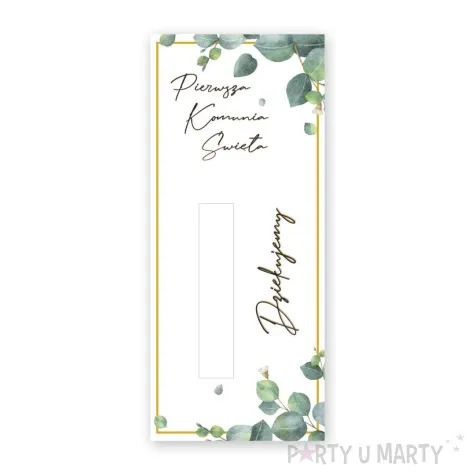 bileciki podziekowanie merci ihs komunia eukaliptus gold ze wstazka 6x14 cm 5 szt