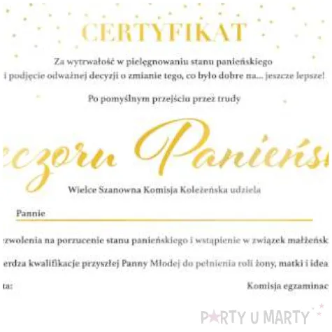 certyfikat bride to be zloty partypal